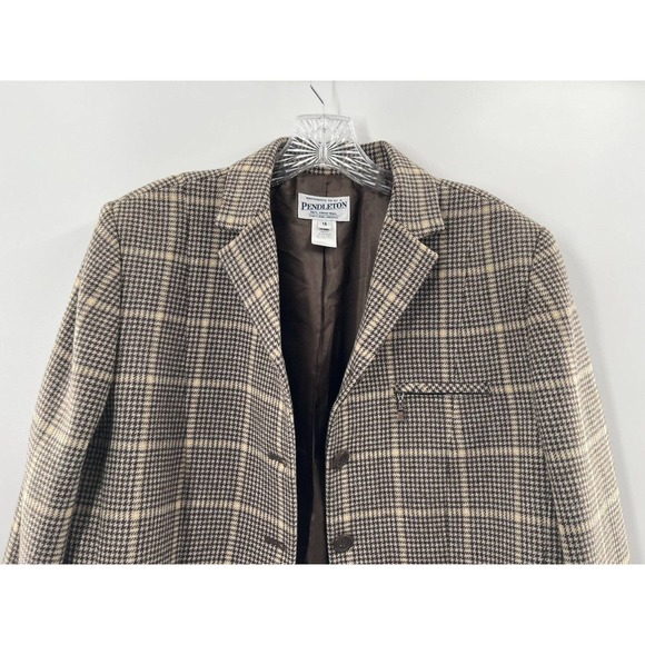 Pendleton Women's 100% Wool Cropped Blazer Herringbone Check Brown Size 14 EUC - Picture 2 of 9